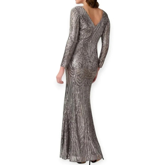 Adrianna Papell Silver Sequin Mesh Mermaid Long Sleeve Maxi Party Formal Dress 4 - Picture 10 of 17